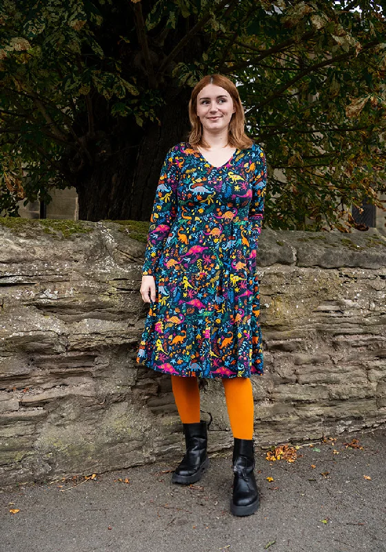 Bronya Multicoloured Dinosaur Print Tiered Hem Cotton Dress