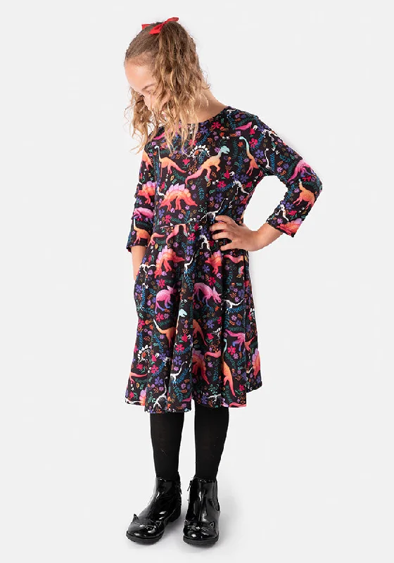 Children's Spooky Dinosaur Print Dress (Onyx)