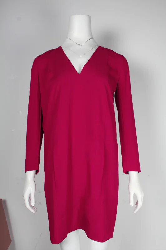 Vanessa Bruno Long Sleeve V-Neck Dress in Magenta Acetate