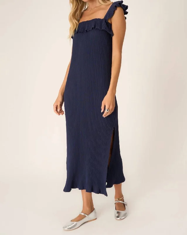 Mona Ruffle Sleeve Sweater Rib Dress In Navy Bliss