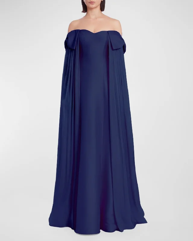 Bow-Embellished Off-Shoulder Cape Gown