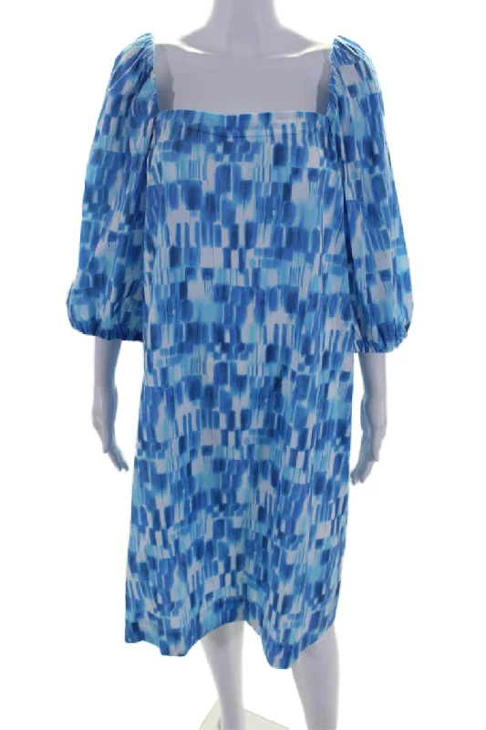 Marella Womens Cotton Cottage Print Long Sleeve A-Line Midi Dress Blue