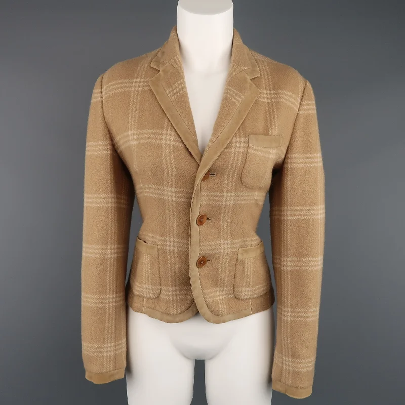 RALPH LAUREN Size 8 Plaid Camel Wool Suede Trim Jacket