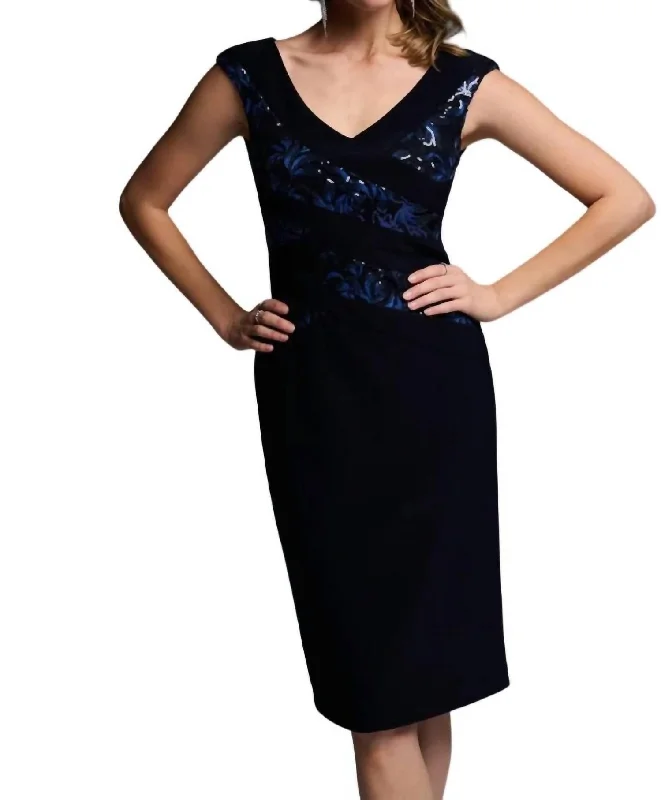 Sequin Back Zipper Dress In Midnight Blue