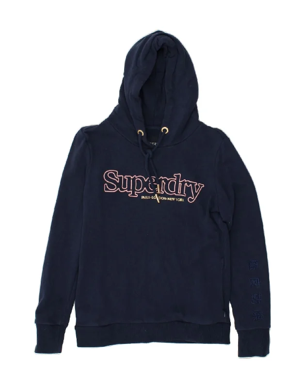 SUPERDRY Womens Graphic Hoodie Jumper UK 10 Small Navy Blue Cotton