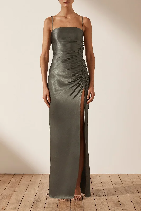 LA LUNE RUCHED MAXI DRESS - OLIVE