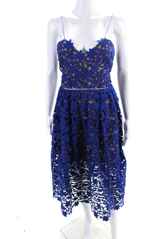 Self-Portrait Womens Embroidered Floral Lace Layered Pleated Dress Blue