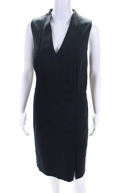 Akris Punto Womens Navy Cotton Blend V-Neck Belt Sleeveless Shift Dress