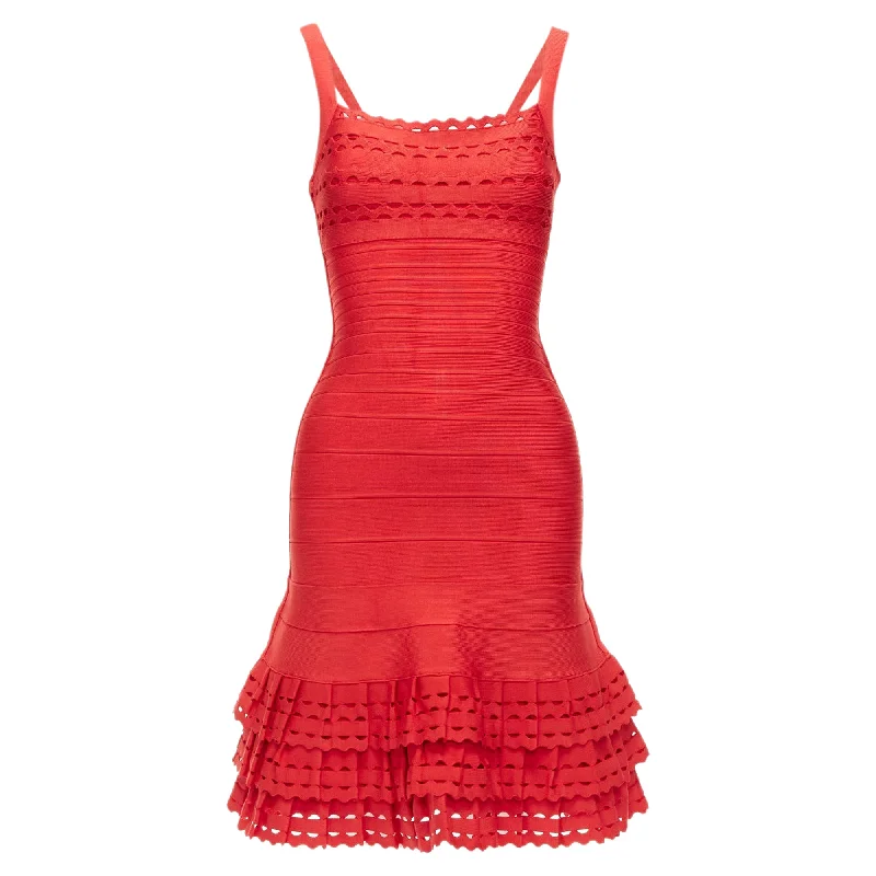 Herve Leger Cut Out Tiered Ruffle Hem Bandage Fit Flared Dress