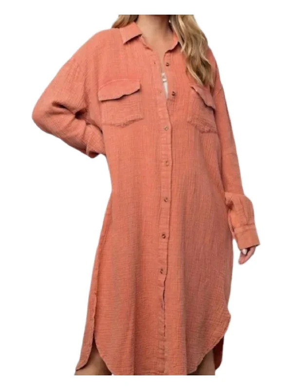 Cotton Gauze Below The Knee Shirt Dress In Pumpkin Mineral Washed