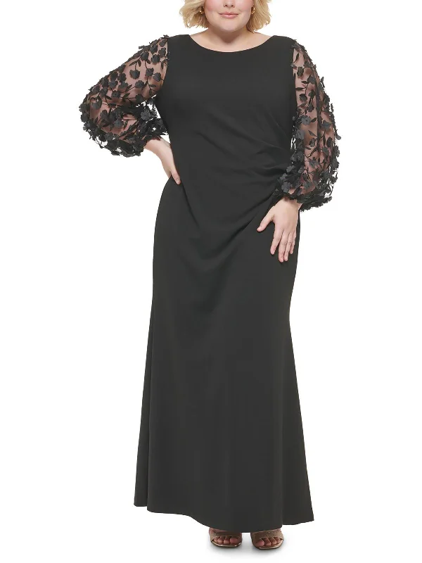 Plus Womens Floral Appliqued Long Sleeves Evening Dress