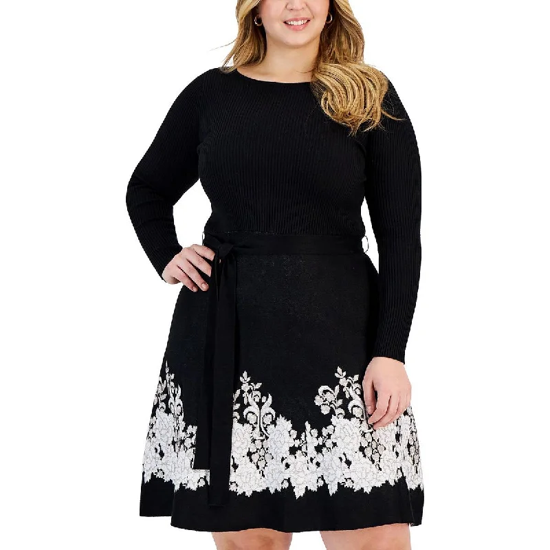 Plus Womens Knee-Length Floral Print Sweaterdress