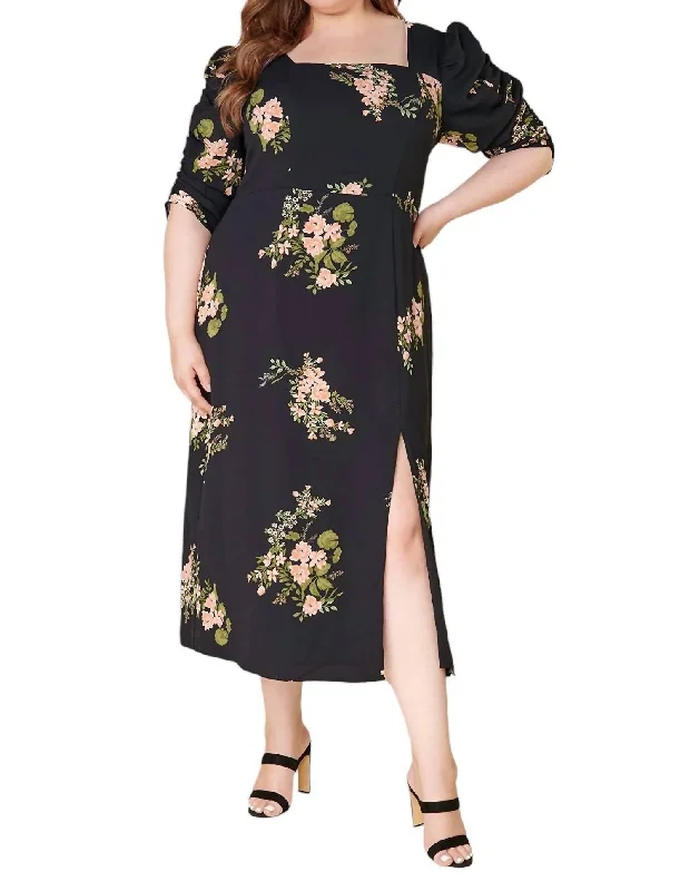 Curve Jasleen Floral Ruched Sleeves Midi Dress In Black-Multi