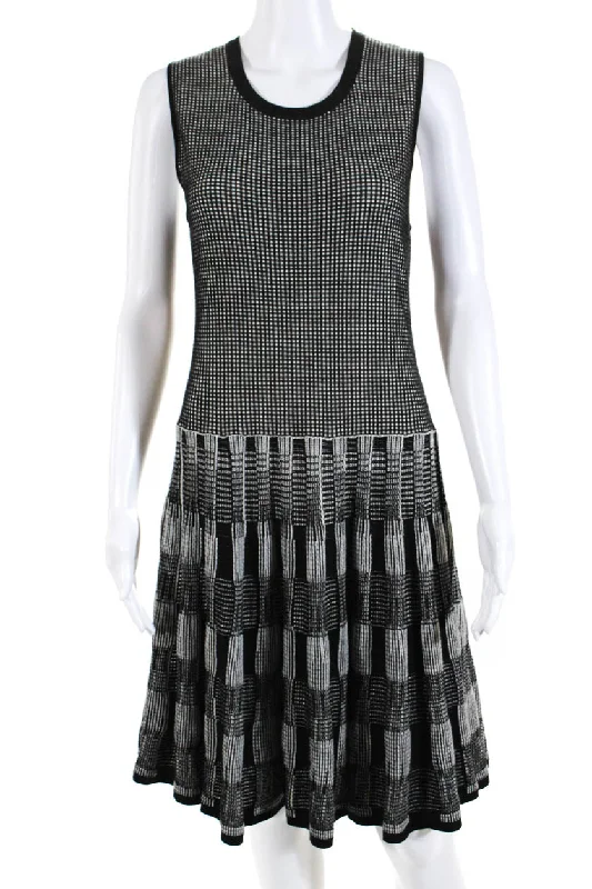 Lela Rose Womens Knit Crewneck Sleeveless Fit & Flare Dress Black White