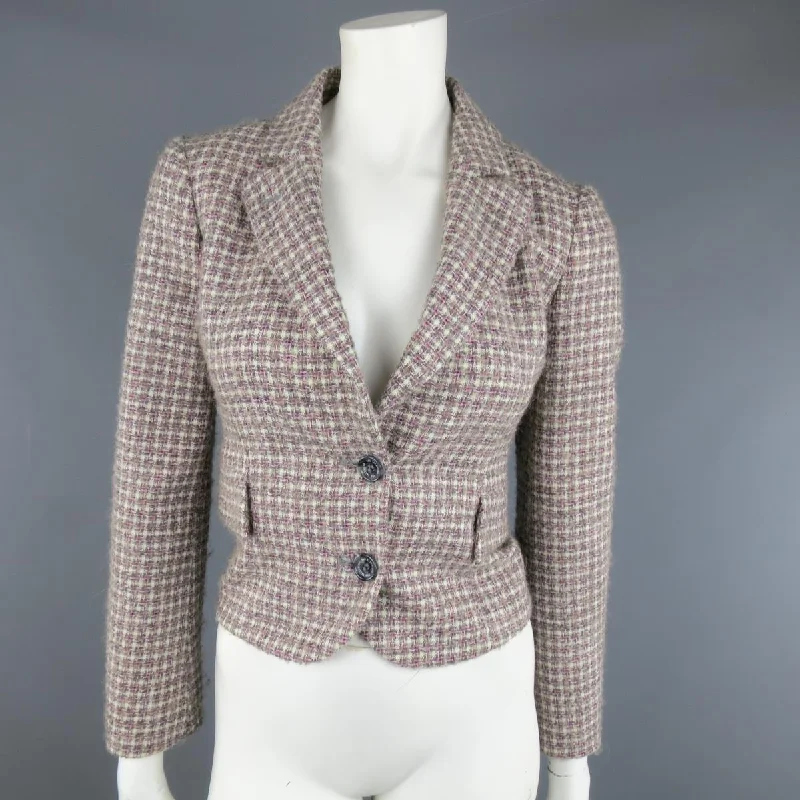 RED VALENTINO 2 Gray & Pink Plaid Wool Blend Tweed Cropped Peak Lapel Blazer