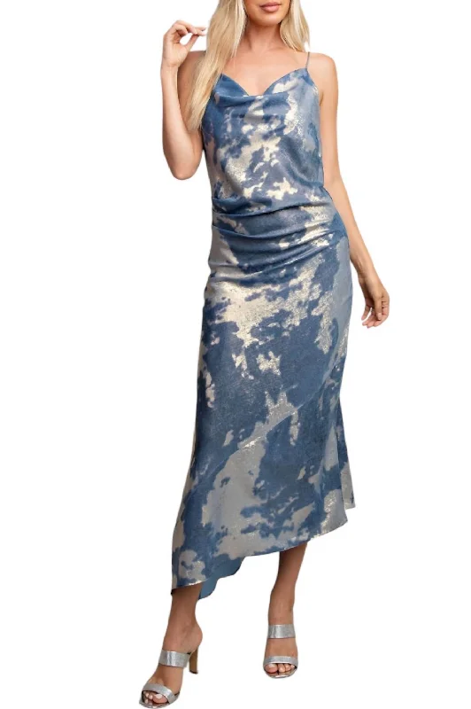 Mila Printed Midi Dress With Asymmetric Hem In Blue