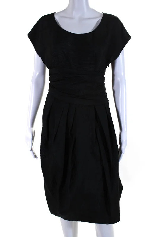 Vera Wang Womens Black Textured Crew Neck Drape Short Sleeve Shift Dress