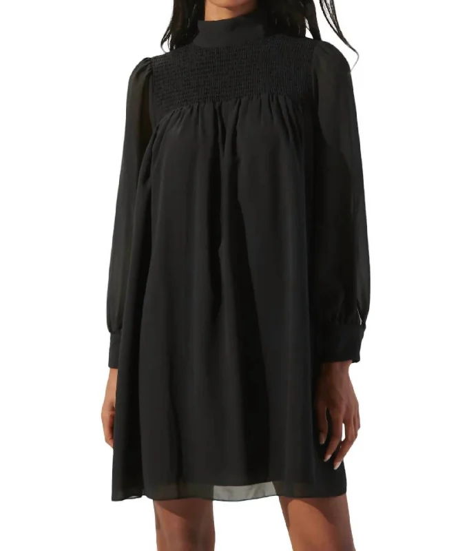 Kam Mock Neck Babydoll Dress In Black