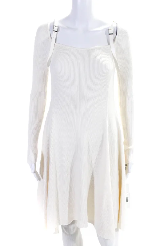 Adeam Womens Long Sleeve Ribbed Knit Colette Dress White