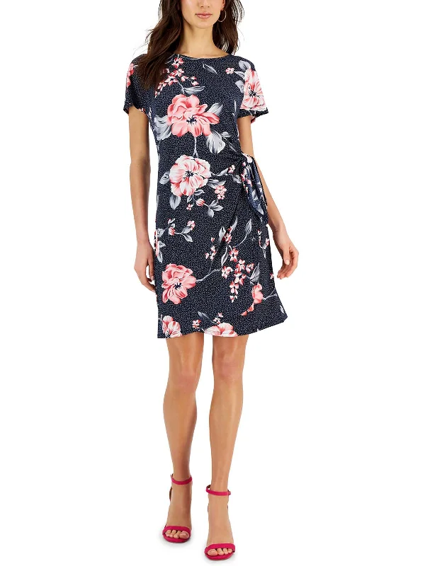 Petites Womens Faux Wrap Floral Fit & Flare Dress