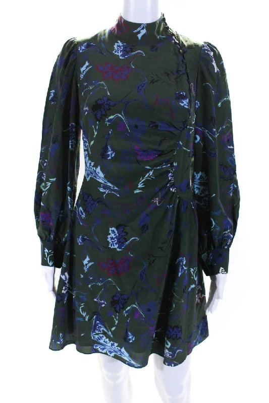 Tanya Taylor Womens High Neck Abstract Floral Sheath Dress Green Blue