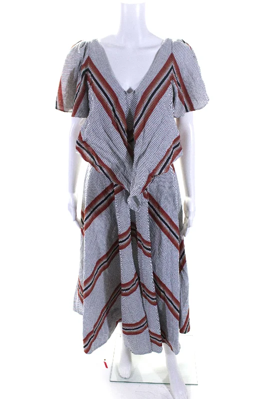 Tanya Taylor Womens Striped V Neck A Line Lonna Dress Multicolored