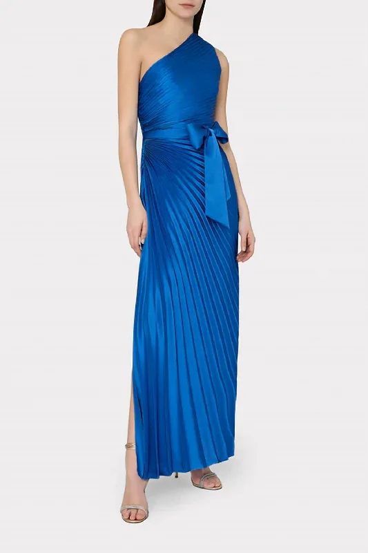 Pleated Satin Maxi Dress In Blue