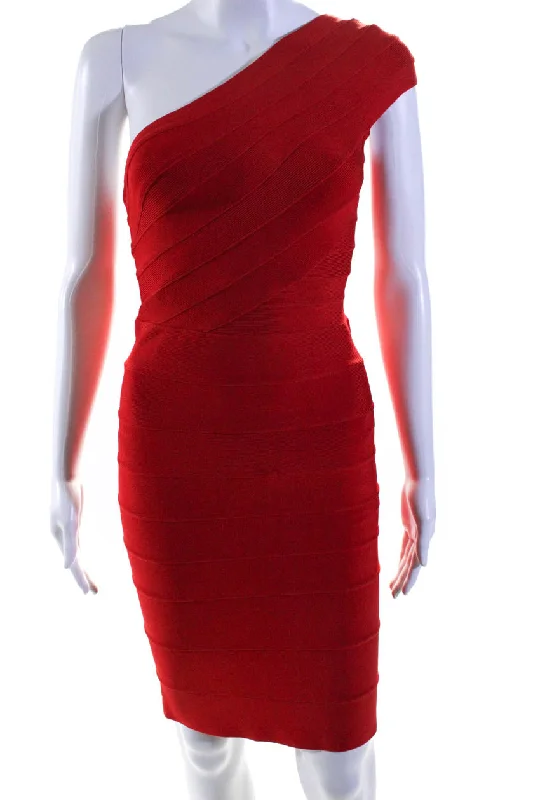 Herve Leger Womens Textured Tiered Zipped One Shoulder Bandage Dress Red