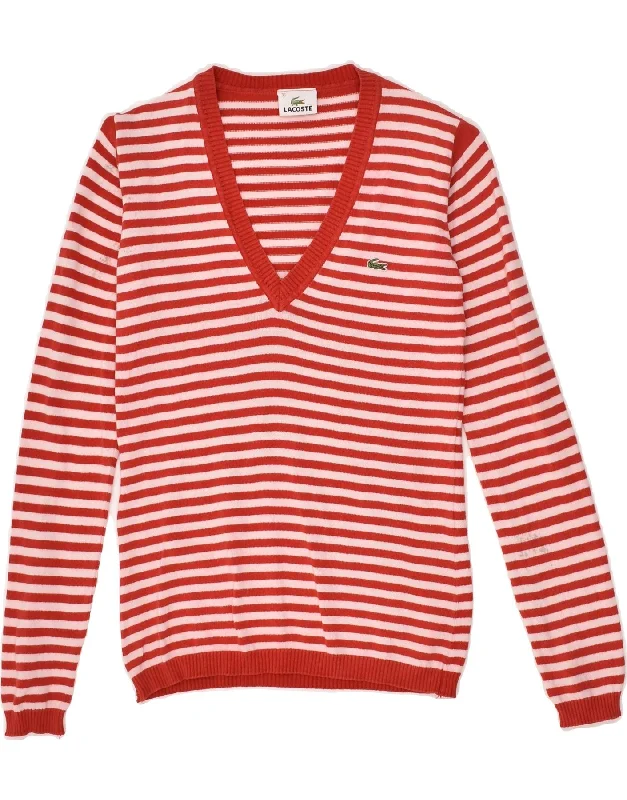 LACOSTE Womens V-Neck Jumper Sweater Size 36 Small Red Striped