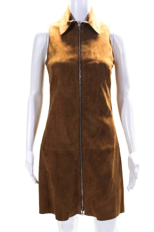 Sharis Place Womens Lexwe Sleeveless Front Zip Suede Sheath Dress Brown