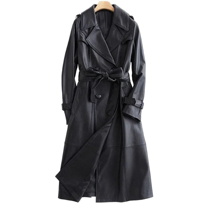 LAUTARO Women's Fashion Premium Quality Long Black Leather Trench Coat