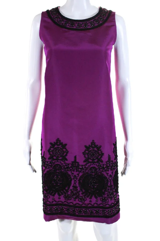 Oscar de la Renta Womens Embroidered Sleeveless Shift Dress Purple Black