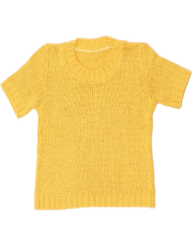 VINTAGE Womens Short Sleeve Boat Neck Jumper Sweater UK 12 Medium Yellow