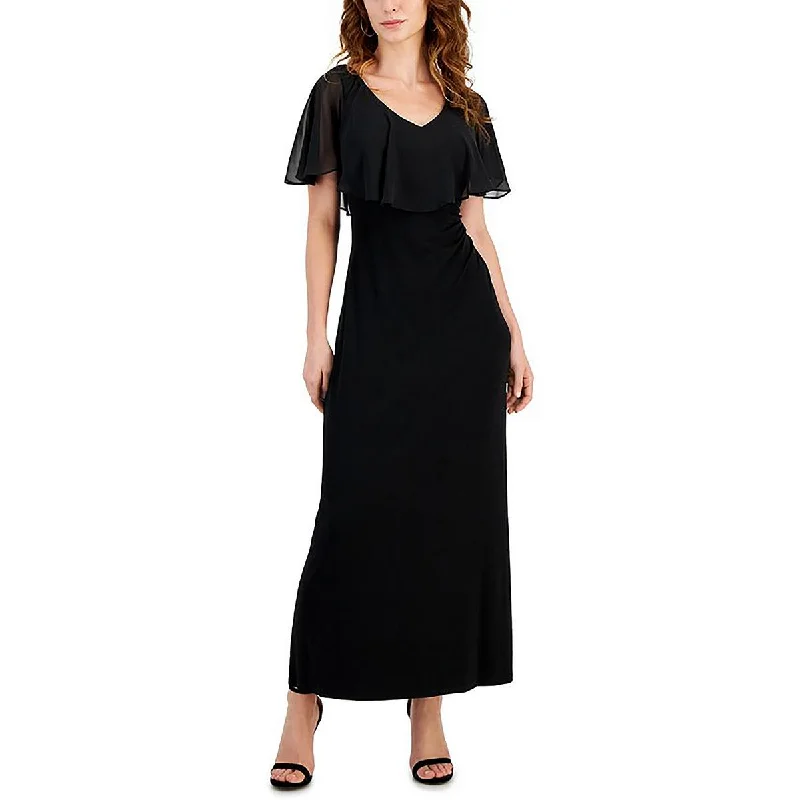 Petites Womens Flutter Sleeve Long Cocktail And Party Dress