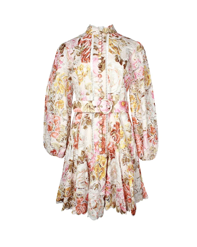 Zimmermann Bonita Floral-Print Broderie Anglaise Belted Mini Dress in Multicolor Linen