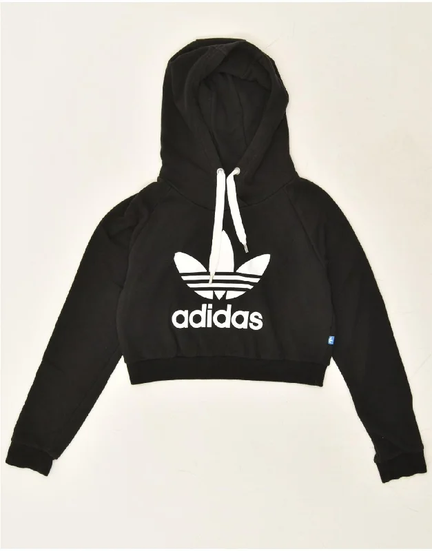 ADIDAS Womens Graphic Crop Hoodie Jumper UK 8 Small  Black Cotton