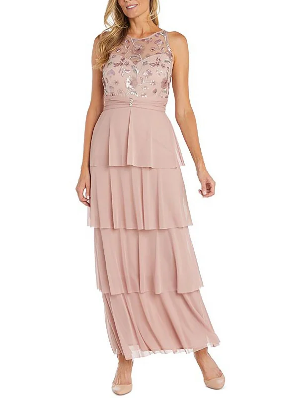 Womens Embellished Tiered Evening Dress