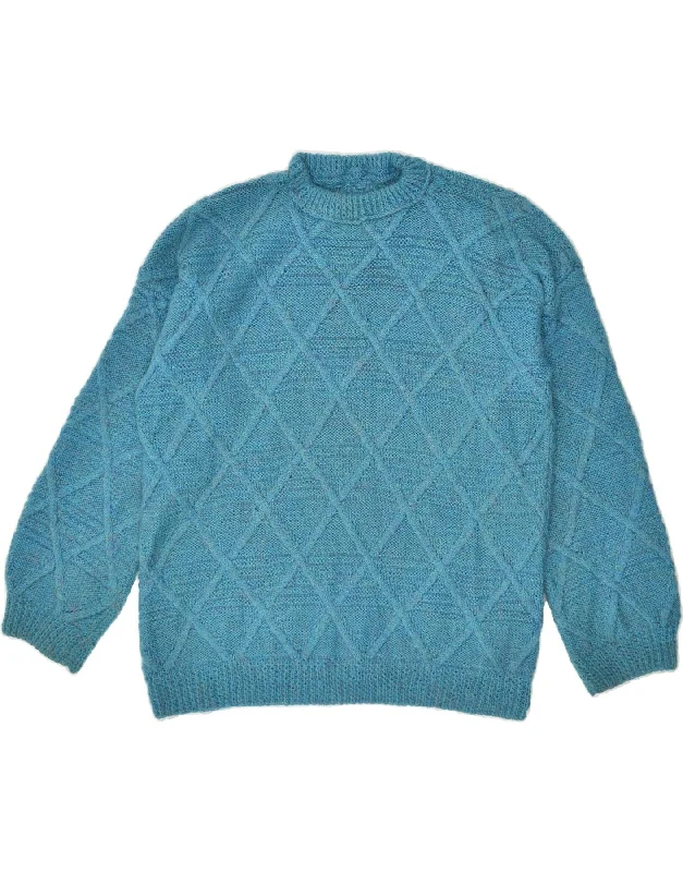 VINTAGE Womens Crew Neck Jumper Sweater UK 18 XL Turquoise Argyle/Diamond