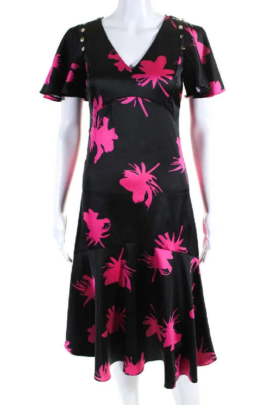 Prabal Gurung Womens Short Sleeve V Neck Satin Midi Dress Black Pink