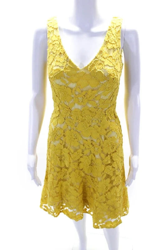 ML Monique Lhuillier Womens Yellow Lace Sleeveless Dress Yellow