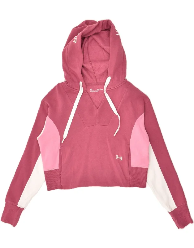 UNDER ARMOUR Womens Crop Hoodie Jumper UK 4 XS Pink Colourblock Cotton